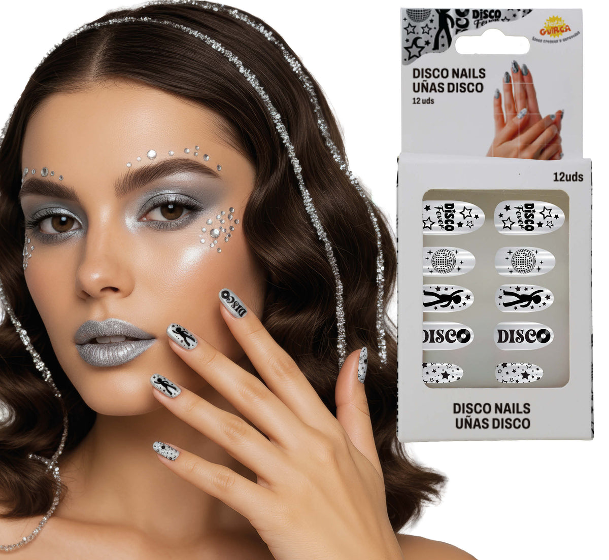 GP15981 – Motiv Kunstnägel für Erwachsene 12 Stück – Farbe: Silber / Schwarz