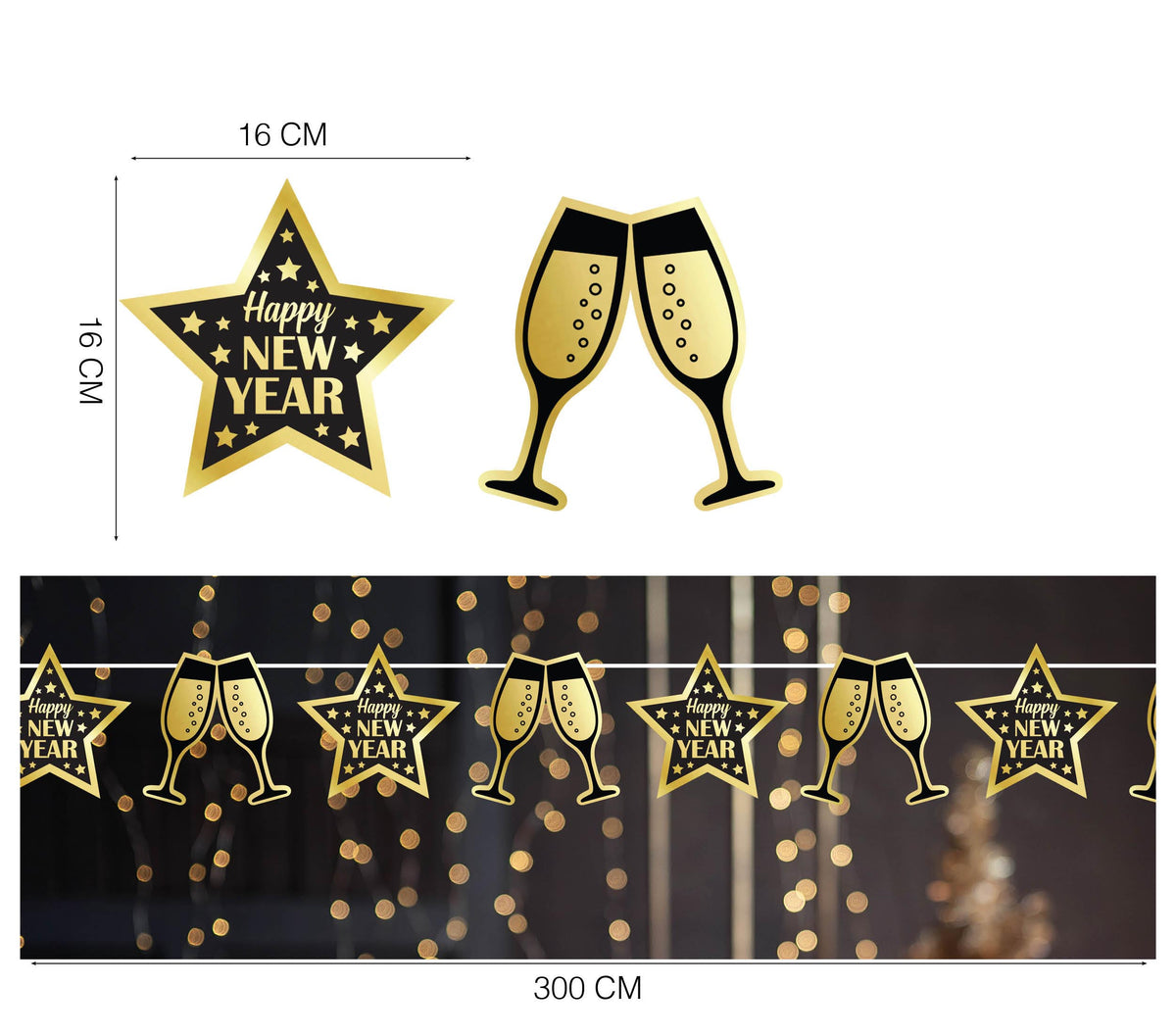 GP31819 – Happy New Year Girlande 300 cm Silvester Deko – Farbe: GlÄser