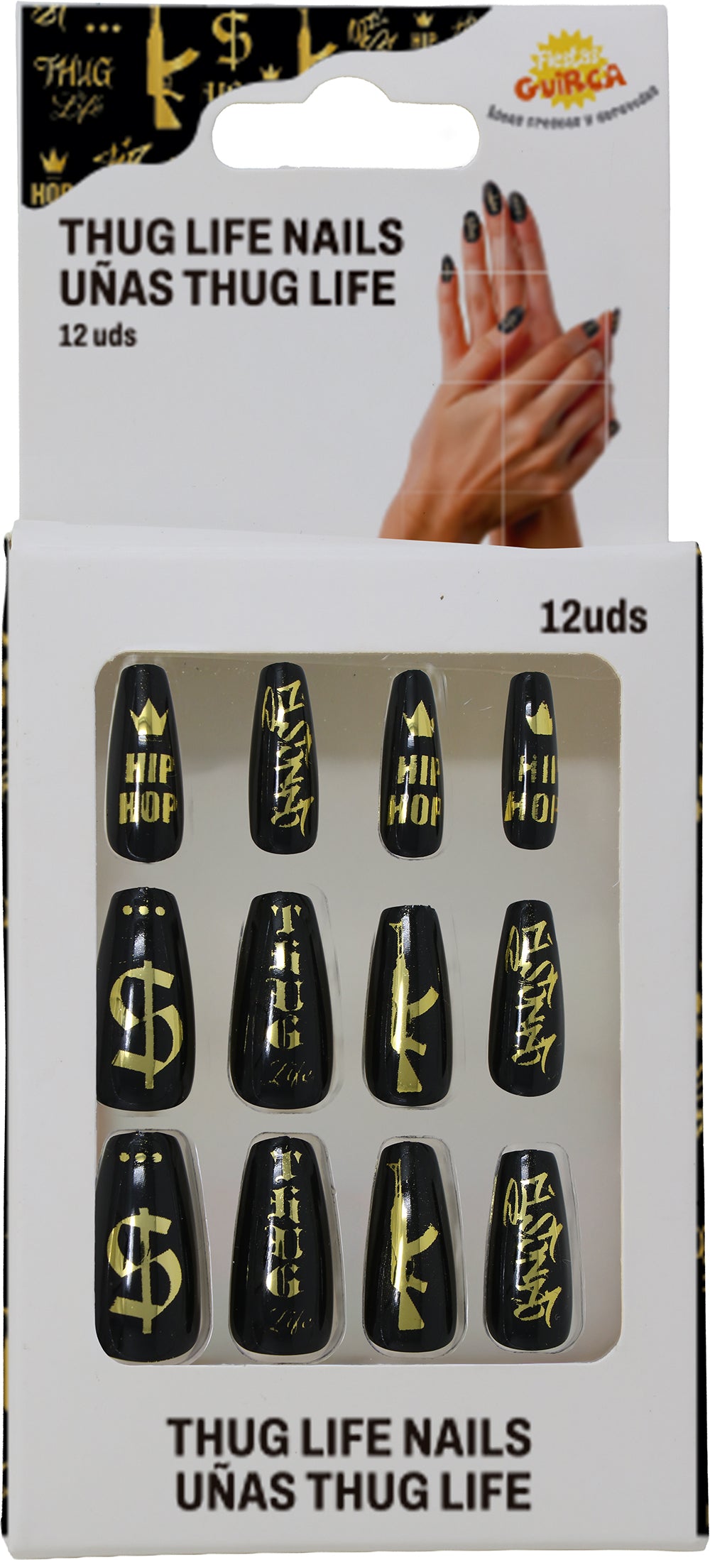 GP15981 – Motiv Kunstnägel für Erwachsene 12 Stück – Farbe: Schwarz / Gold